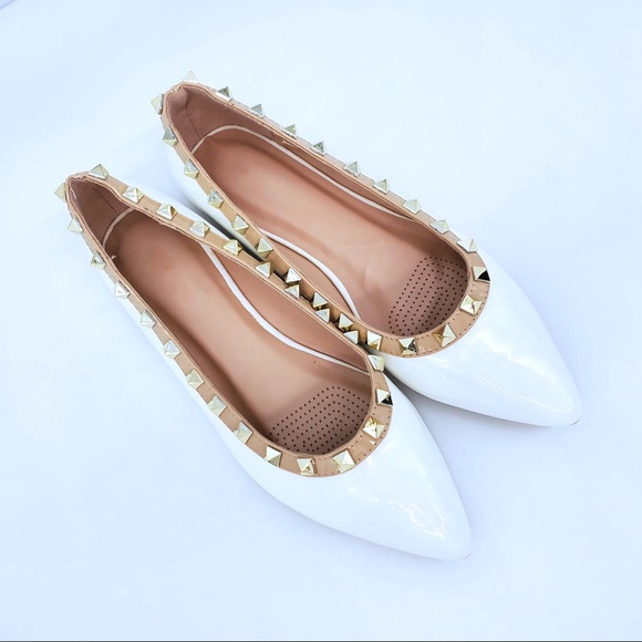 Shoes - White Studded Pointed Toe Flats